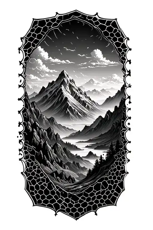 Design A Tattoo That Has A Honeycomb Pattern With A Mountain Landscape Inside Of It