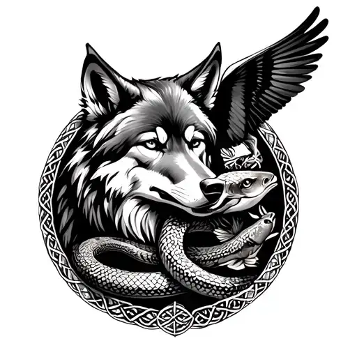 Celtic Style Wolf Side View With Snake In A Circle With Carp And Small Falcon
