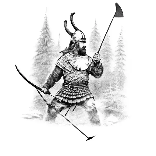 A Fierce Viking Warrior Hunting With A Bow And Arrow In A Dense Forest