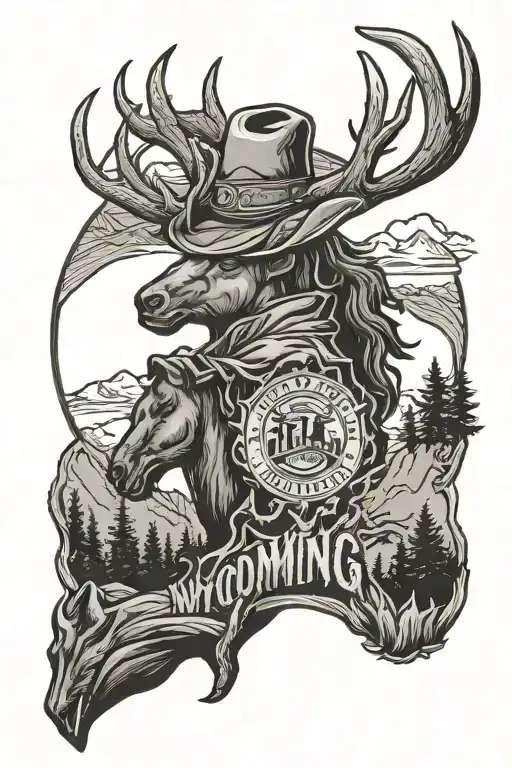 Wyoming Cowboy Logo Surrounded By Forest And Elk