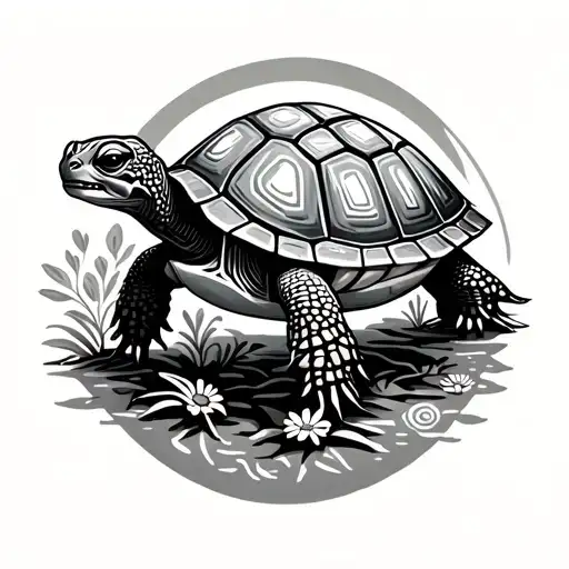 Turtle Walking With Plants Growing Flowers Geometric Pattern Circles