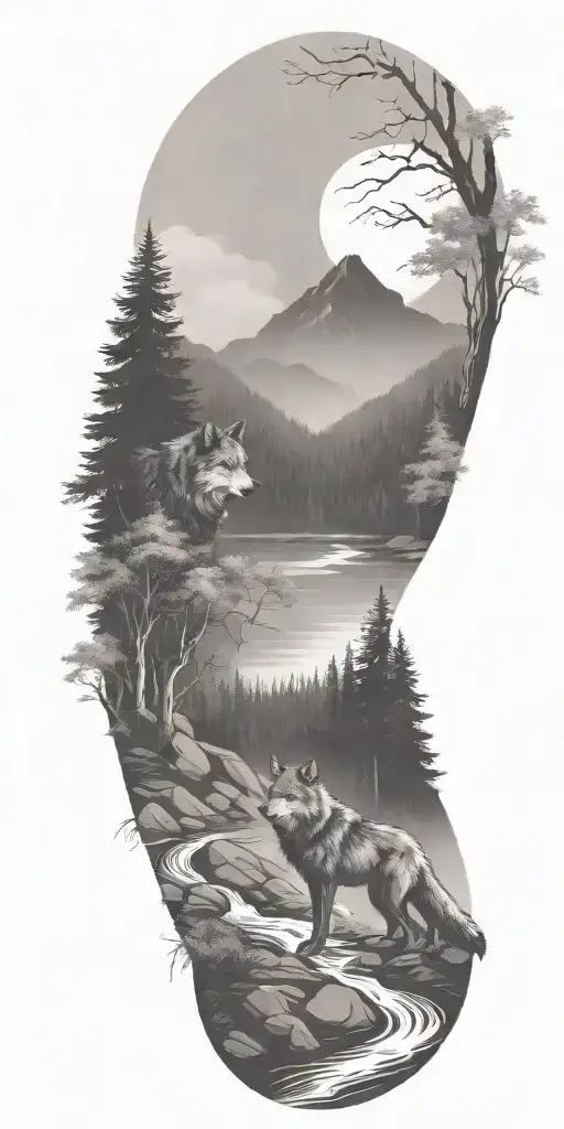 A River Winding Through A Forest Leading To Mountains With Wolf