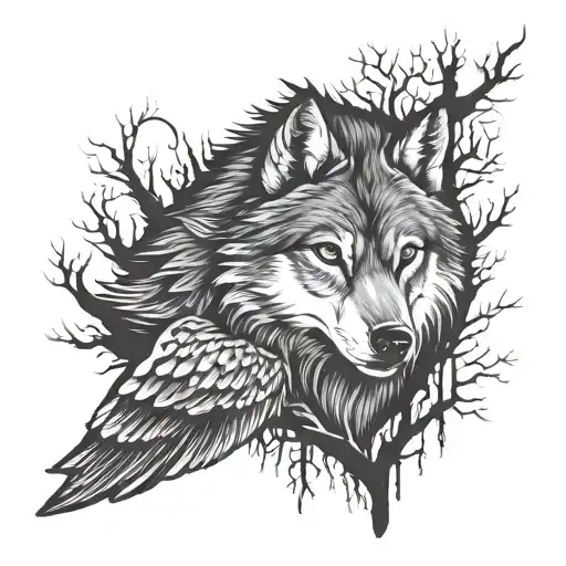 A Wolf A Night And An Owl On The Arm In A Scary Forest