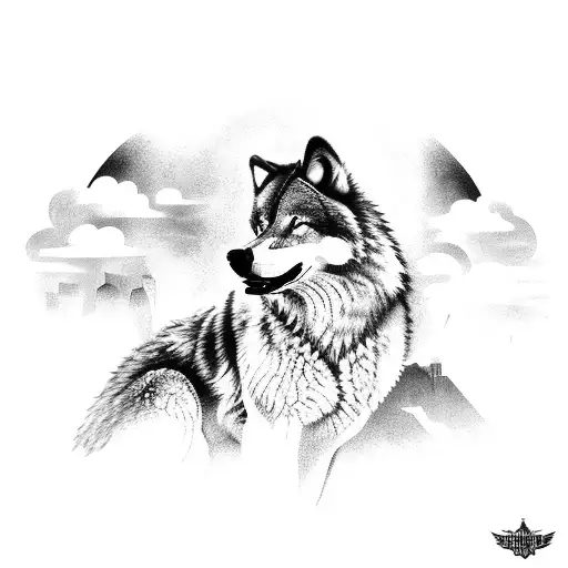 A Growling Wolf In The Sky Over Miami's Skyline Russian Prison Art Tatto Style