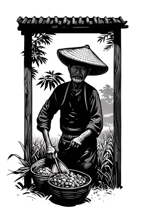 Older Chinese Farmer Working In The Field With His Face Hidden By His Hat