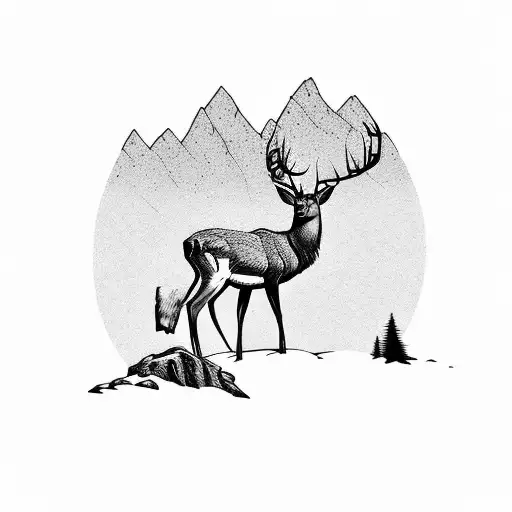 Mountain Scene With A Deer And Men Fishing Realistic