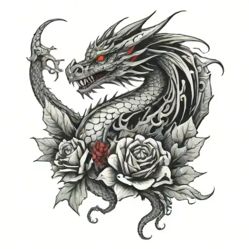 Dragon In Full With Red Flower Bouquet