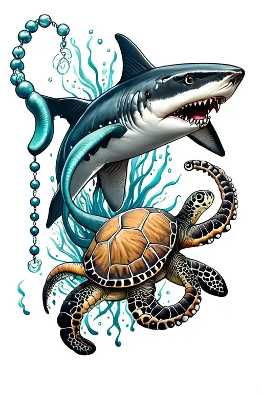 Full Color Ocean Themed Leg Sleeve With A Falling Rosary Shark Sea Turtle And Octopus