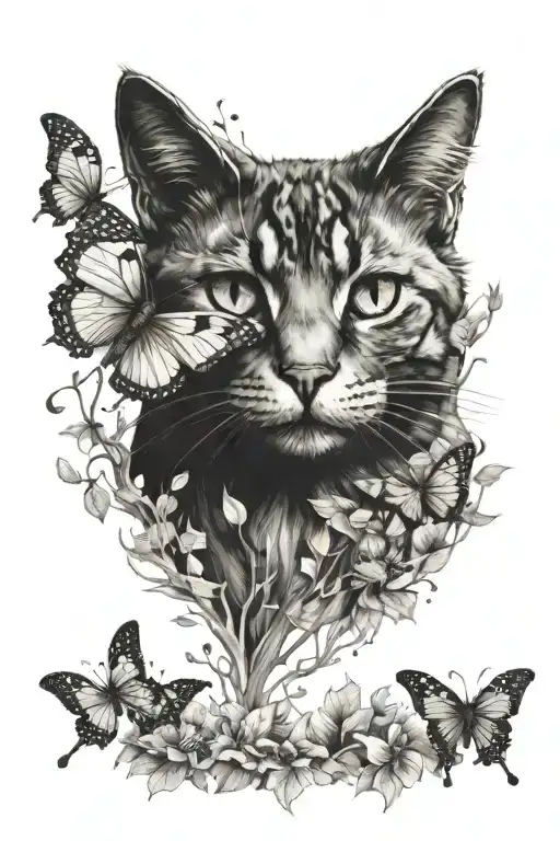 Cat And Butterflys And A Maple Tree Branch