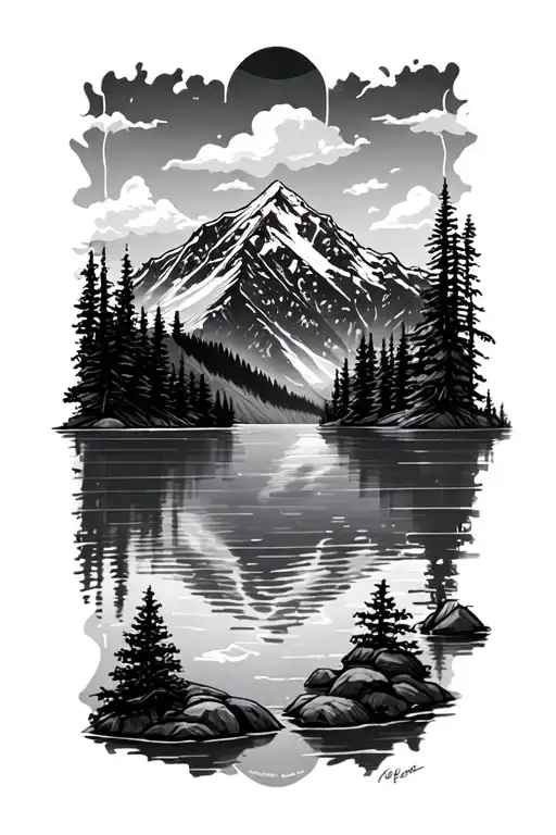 Mountain Range Silhouette Mirror On Lake