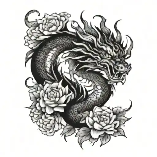 Chinese Dragon With Peony Flowers