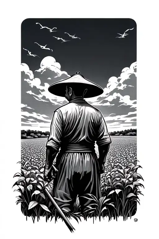 Old Chinese Farmer In A Field Facing Away