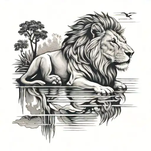 Lion Reflection Lake Scene