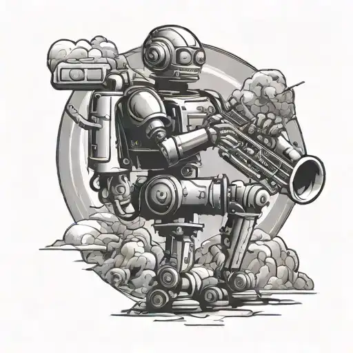 Create A Black-grey Tattoo Of A Robot Playing A Saxophone On An Alien Planet Landscape