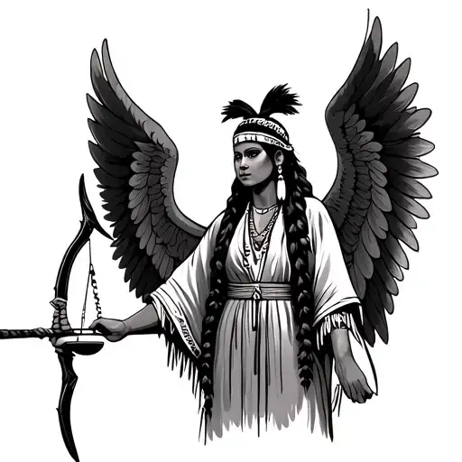 Indigenous Woman In Robe And Wings Holding Scale And Bow And Arrow