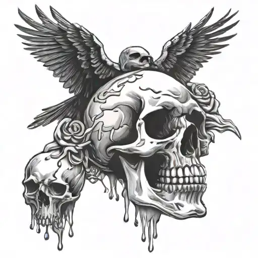 Skull With Melting Candle And Raven Flying