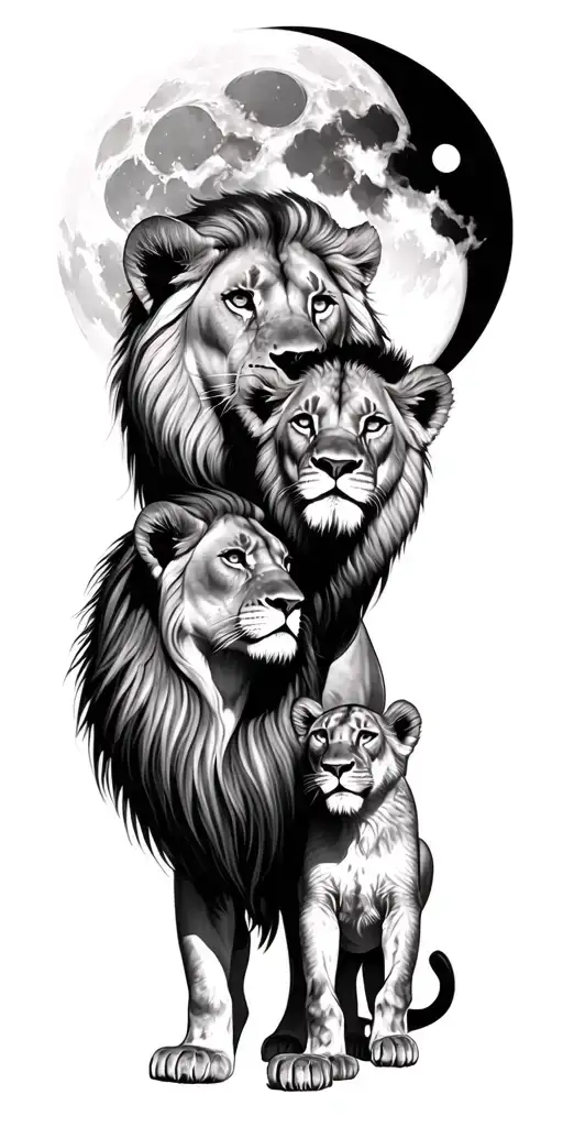 Lion And Lioness With Theee Cubs Full Moon