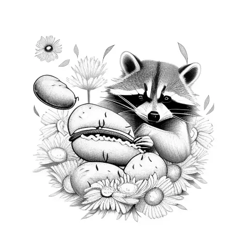 A Playful Tattoo Of A Racoon Enjoying A Hot Dog Picnic In A Field Of Blooming Flowers
