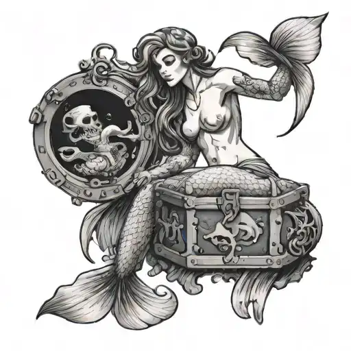 A Nude Mermaid Holding A Treasure Chest In A Mysterious Underwater Cave