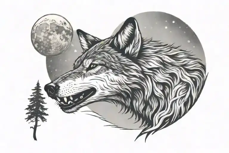 A Tattoo Design Of A Wolf Howling At The Moon In A Snowy Forest