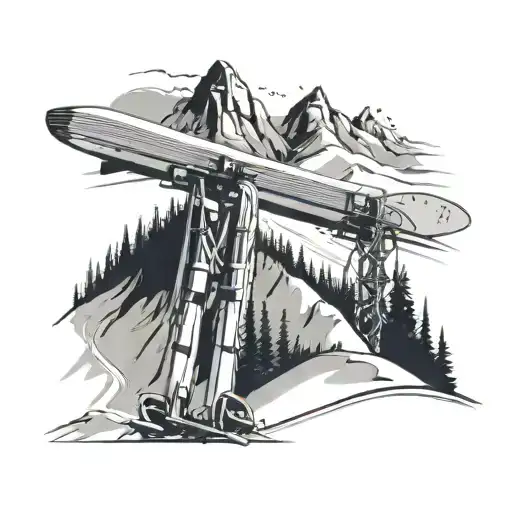 Alpine Skis Crossed Over A Mountain With A Chairlift Going Up It