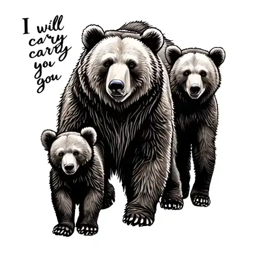 Mama Bear And Two Cubs Walking With Bible Verse Saying I Will Carry You