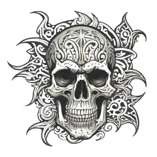 Skull With Tribal Around It Wstars Smoke Flames Surrounding