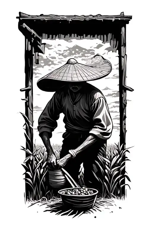 Older Chinese Farmer Working In The Field With His Face Hidden By His Hat