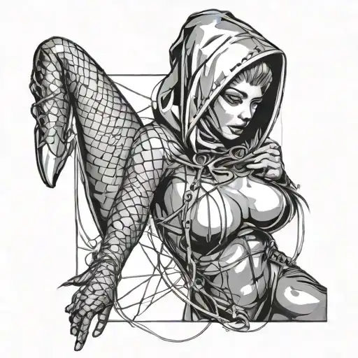 Design A Piece Featuring A Dominant Figure Wearing Latex Hood And Fishnet Stockings In A Bdsm Scene