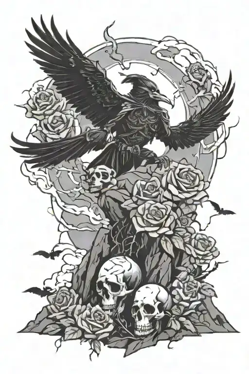 Lone Man On Mountain Made Of Skulls And Roses With Ravens Flying Overhead And Lightning