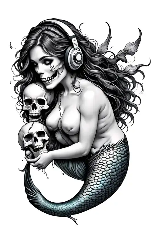Siren Mermaid Holding A Skull Wearing Headphones