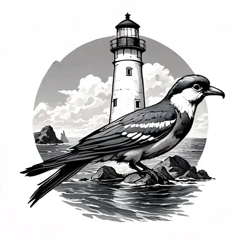 Breton Style Tattoo With Puffing Bird And Lighthouse
