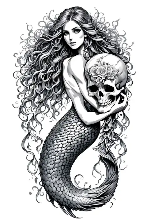 Siren Mermaid Holding A Skull