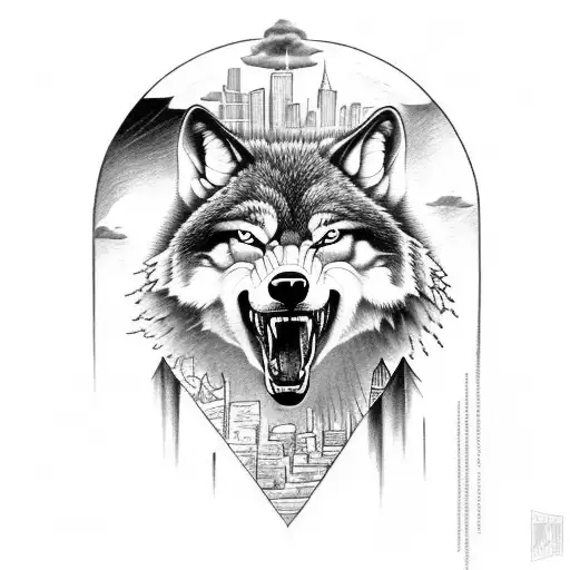 A Growling Wolf In The Sky Over Miami's Skyline Russian Prison Art Tatto Style