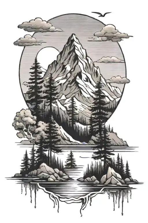 Forest Lake Scene With Mountain Peak