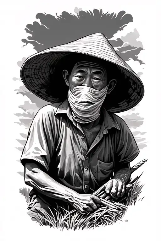 Old Chinese Farmer Working In Field With Hat Covering His Face
