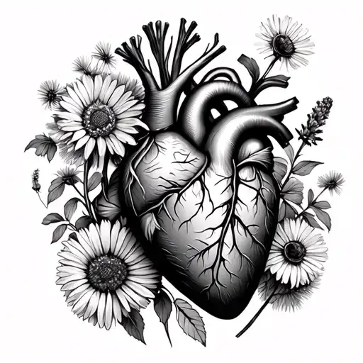 Anatomical Heart With Lavender Flower And Daisy Flowers And Rose And Dandelion Flowers