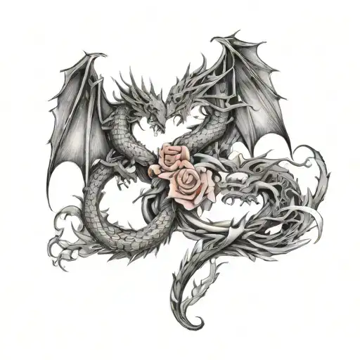3 Dragons Wrapped With Rose Intertwined Hearts