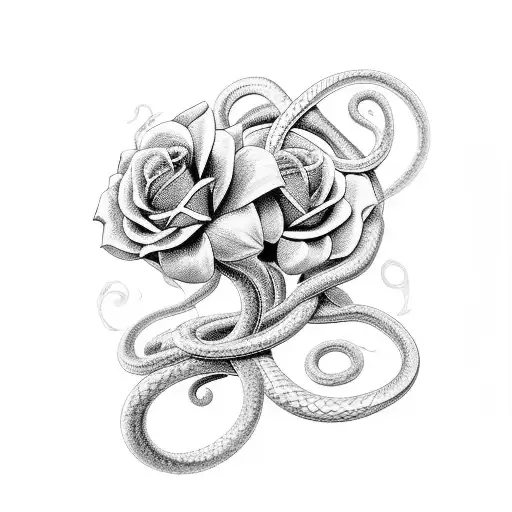 A Black And Grey Tattoo Of A Sinister Snake Coiled Around A Bouquet Of Flowers