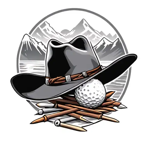 A Cowboy Hat With Golf Tees And Mountains As The Backdrop