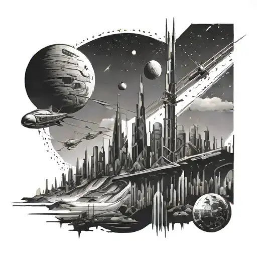 A Futuristic Cityscape On A Distant Planet With Rockets Taking Off In The Background
