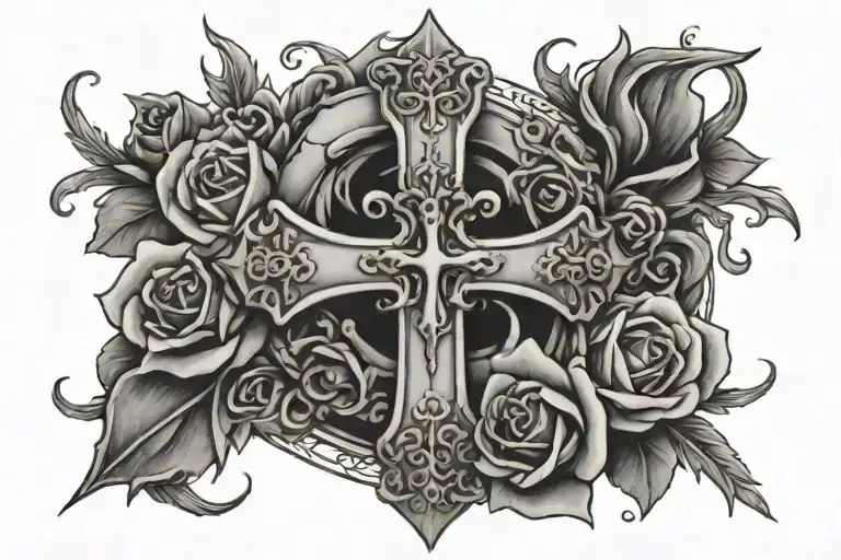 Cross With Thorn Crown And Roses Surrounding