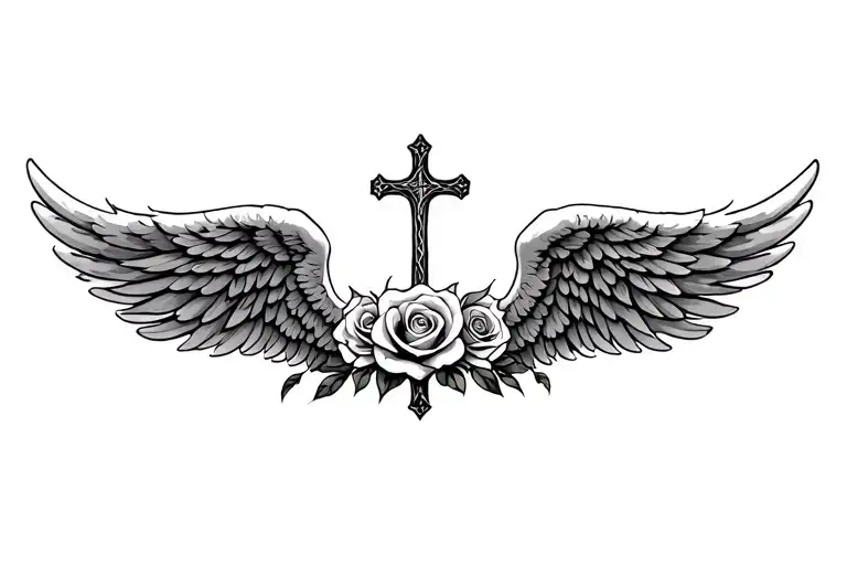 Angel Wings With Cross And Roses
