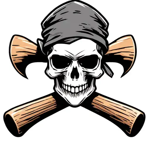 Biker Skull Wearing A Bandana Holding Two Crossed Wooden Bats In The Background