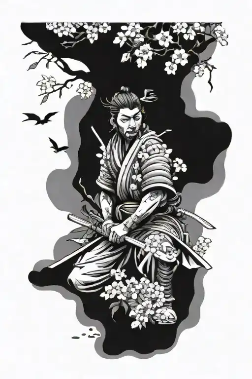 Blossom Tree With A Samurai Kneeling Down As The Leaves Blow Away