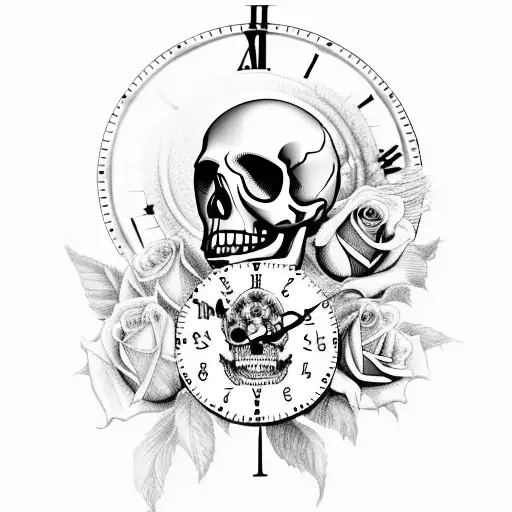 A Surreal Scene Of A Skull Riding A Clock With Roses Blooming Around Them