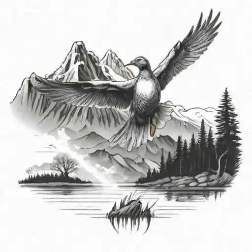 Duck Hunting Scene With Mountains In The Background