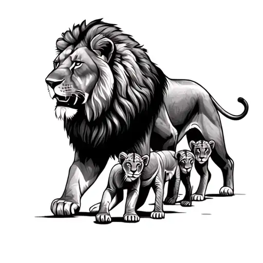 Lion Male Attacking With Lioness And Two Cubs Walking