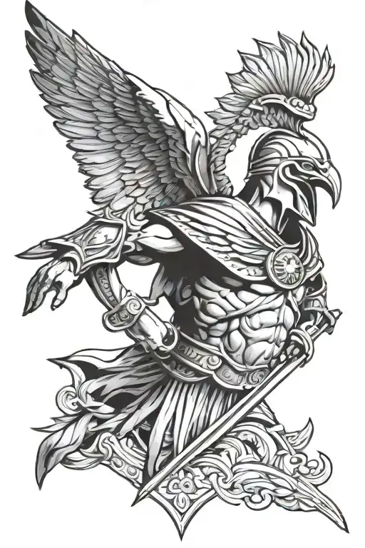 Create A Tattoo Of Spartan Warrior With Eagle On Top And Some Time Elements On Down Side