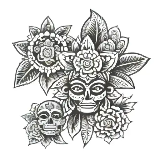 Aztec Symbols With Flowers From Mexico